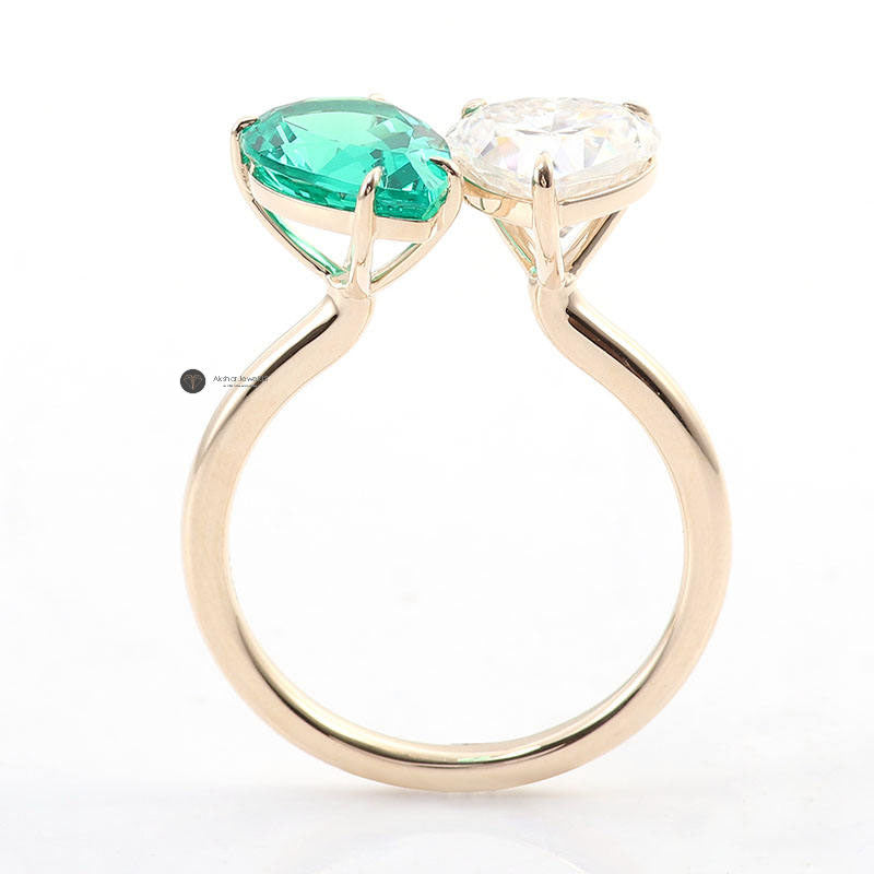 Green Emerald Pear and Heart Toi Et Moi Ring, Two Stone Ring