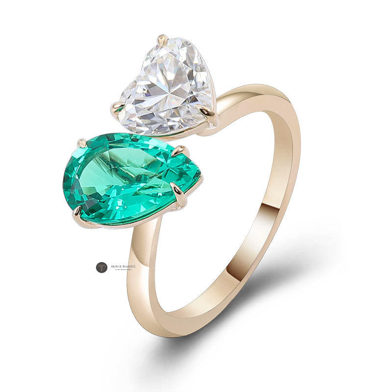 Green Emerald Pear and Heart Toi Et Moi Ring, Two Stone Ring