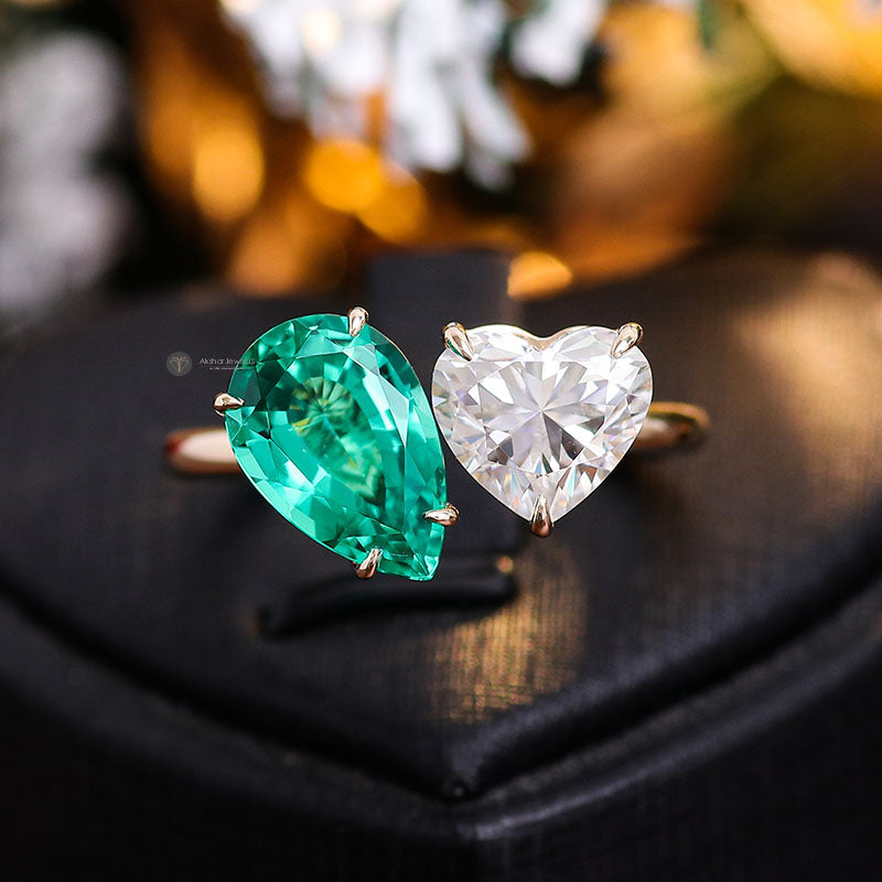 Green Emerald Pear Cut and Heart Toi Et Moi Ring, Two Stone Ring, Solitaire Ring