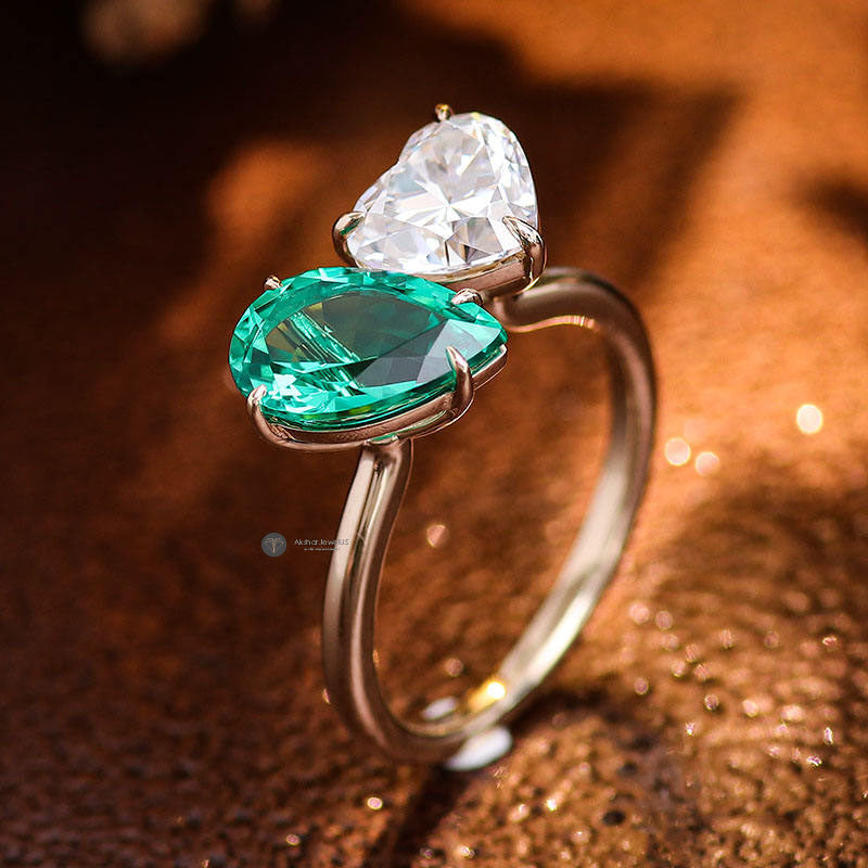 Green Emerald Pear and Heart Toi Et Moi Ring, Two Stone Ring