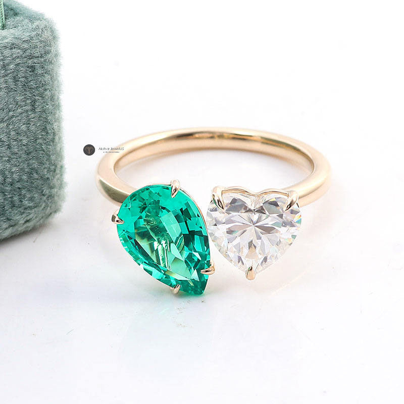 Green Emerald Pear and Heart Toi Et Moi Ring, Two Stone Ring