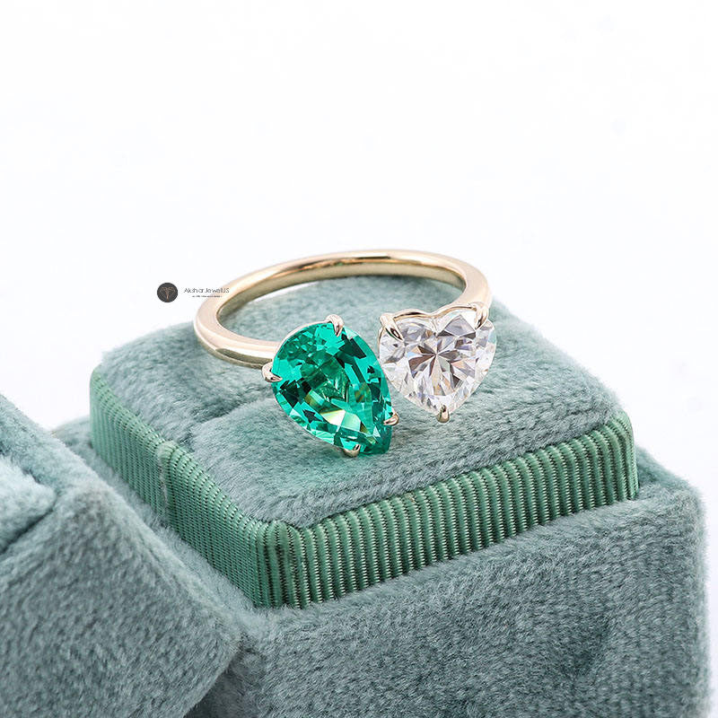 Green Emerald Pear and Heart Toi Et Moi Ring, Two Stone Ring