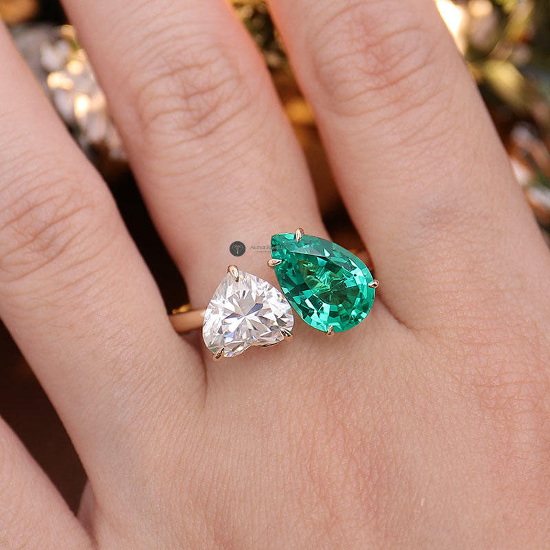 Green Emerald Pear and Heart Toi Et Moi Ring, Two Stone Ring