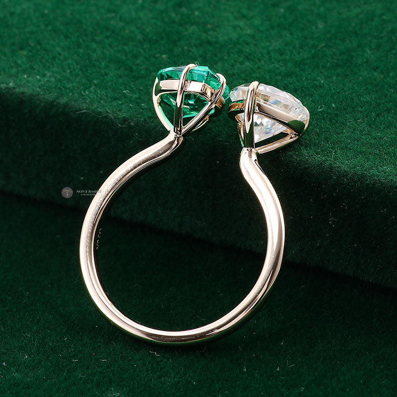 Green Emerald Pear and Heart Toi Et Moi Ring, Two Stone Ring