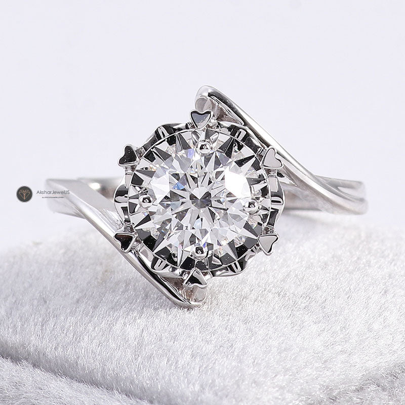 Brilliant Round Lab Grown Diamond Engagement Ring, Heart Shape Prong Set Moissanite Ring