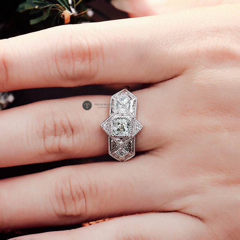 Gray Asscher Cut Three Stone Engagement Ring, Vintage Ring, Milgrain Style Halo Ring