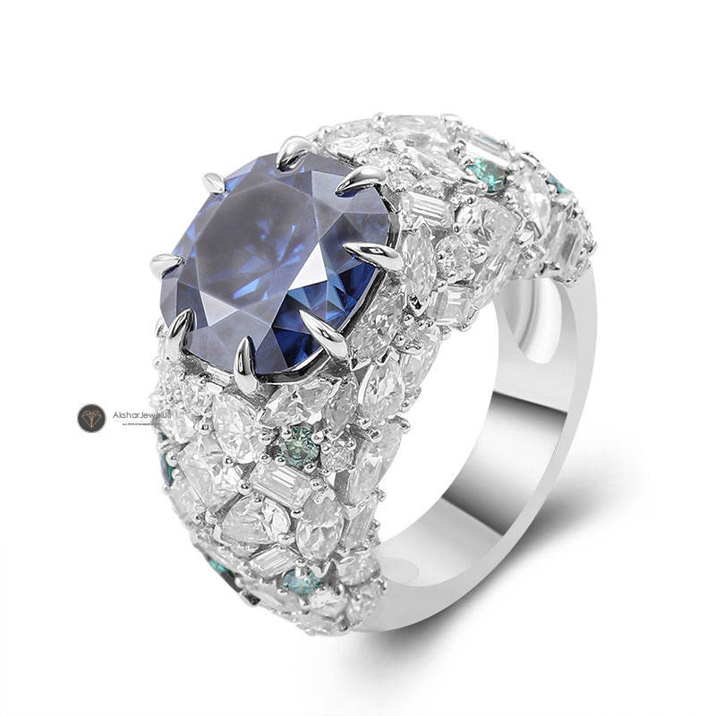 2.00CT Blue Cushion Sapphire Claw Prong Designer Ring, Multi Shape Stone Cluster Ring