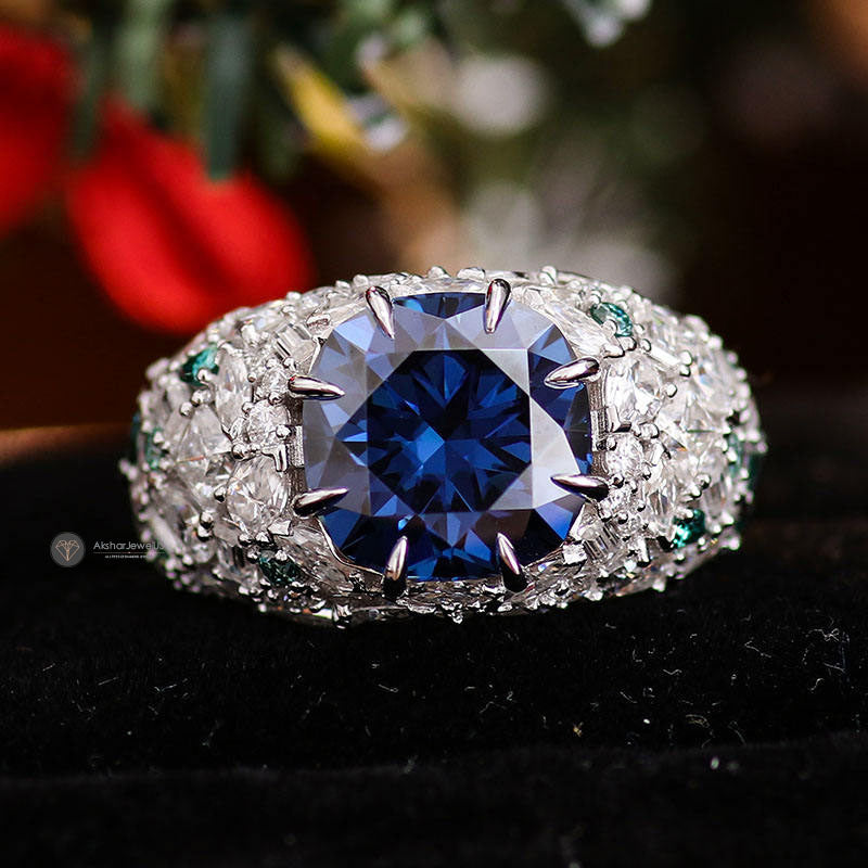 2.00CT Blue Cushion Sapphire Claw Prong Designer Ring, Multi Shape Stone Cluster Ring