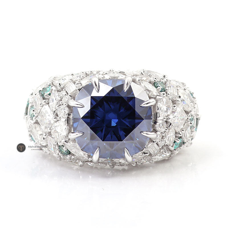 2.00CT Blue Cushion Sapphire Claw Prong Designer Ring, Multi Shape Stone Cluster Ring