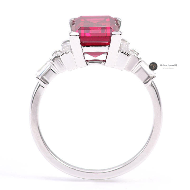 Red Emerald Exclusive Colombian Moissanite Ring, Emerald Shape Gemstone Ring