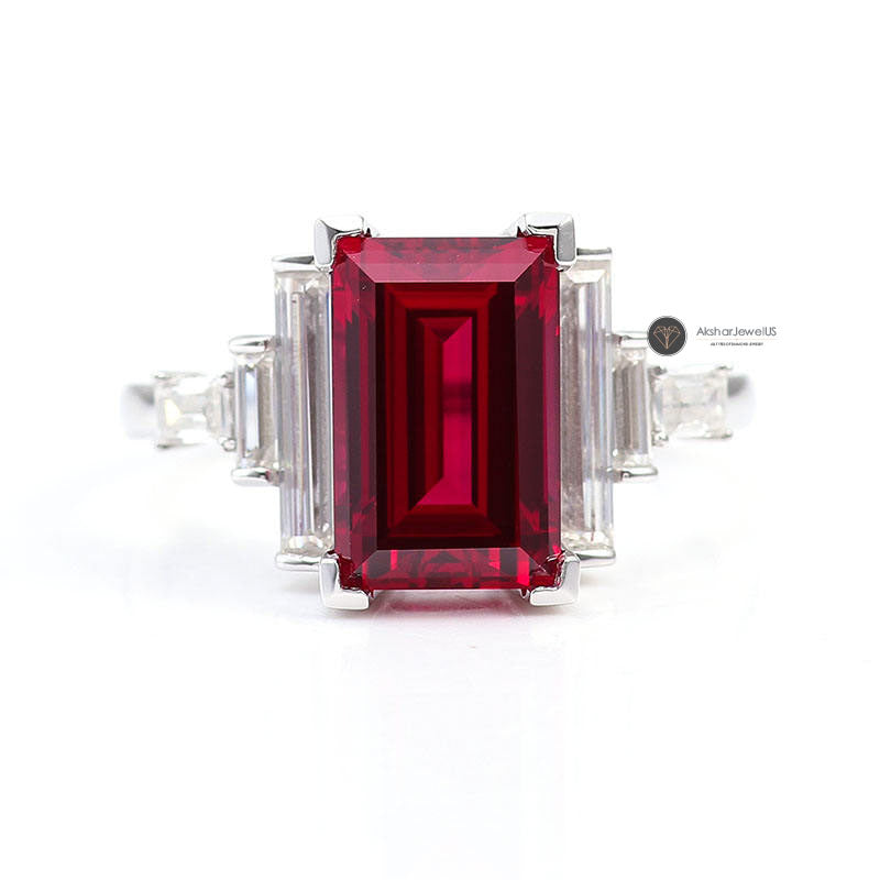 Red Emerald Exclusive Colombian Moissanite Ring, Emerald Shape Gemstone Ring