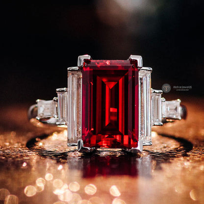 Red Emerald Exclusive Colombian Moissanite Ring, Emerald Shape Gemstone Ring, view 2
