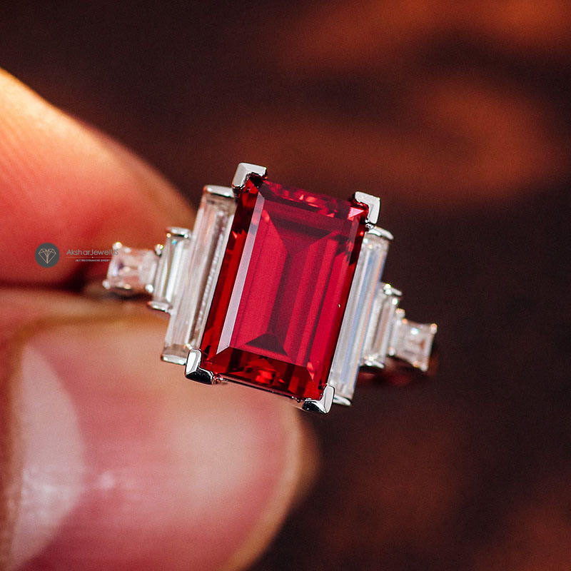 Red Emerald Exclusive Colombian Moissanite Ring, Emerald Shape Gemstone Ring