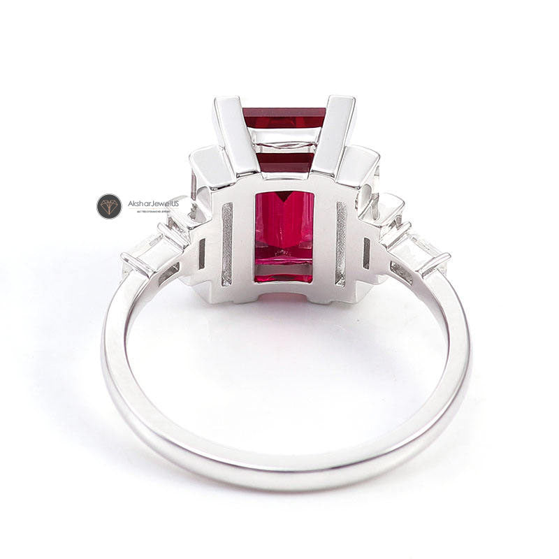 Red Emerald Exclusive Colombian Moissanite Ring, Emerald Shape Gemstone Ring