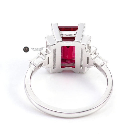 Red Emerald Exclusive Colombian Moissanite Ring, Emerald Shape Gemstone Ring, view 1