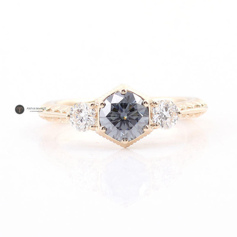 Gray Round Cut Vintage Ring, Old Design Round Three Stone Moissanite Diamond Ring