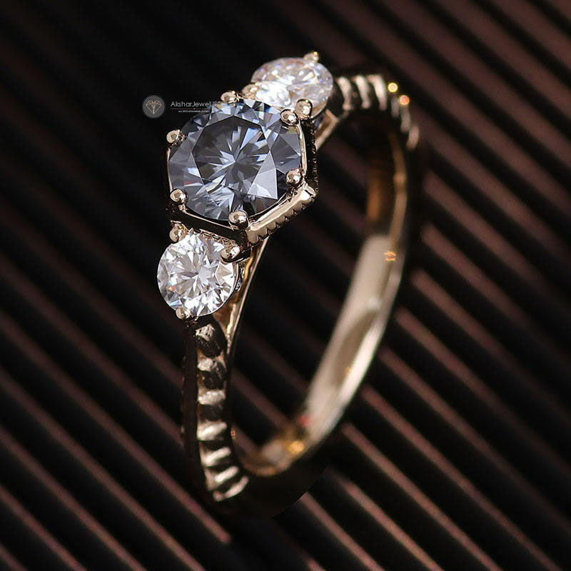 Gray Round Cut Vintage Ring, Old Design Round Three Stone Moissanite Diamond Ring