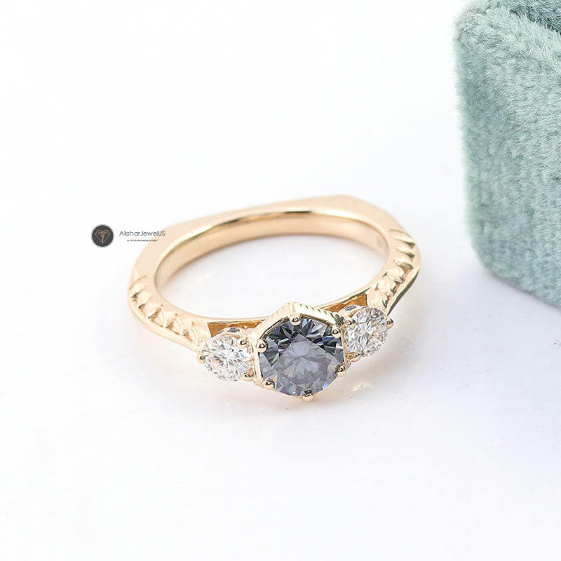 Gray Round Cut Vintage Ring, Old Design Round Three Stone Moissanite Diamond Ring