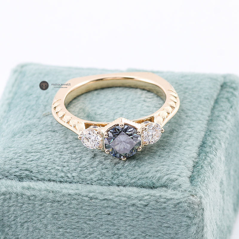 Gray Round Cut Vintage Ring, Old Design Round Three Stone Moissanite Diamond Ring