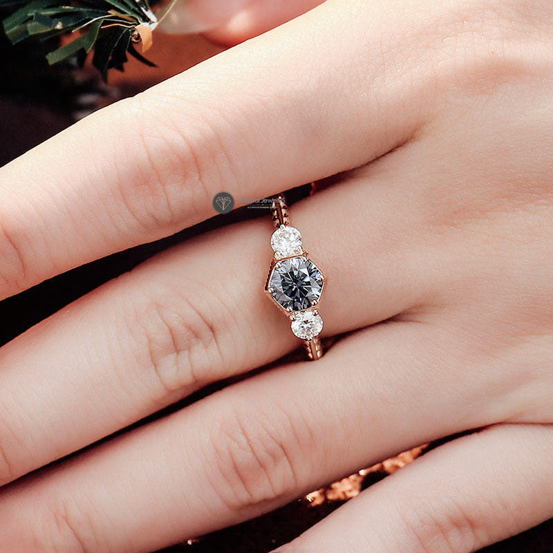 Gray Round Cut Vintage Ring, Old Design Round Three Stone Moissanite Diamond Ring