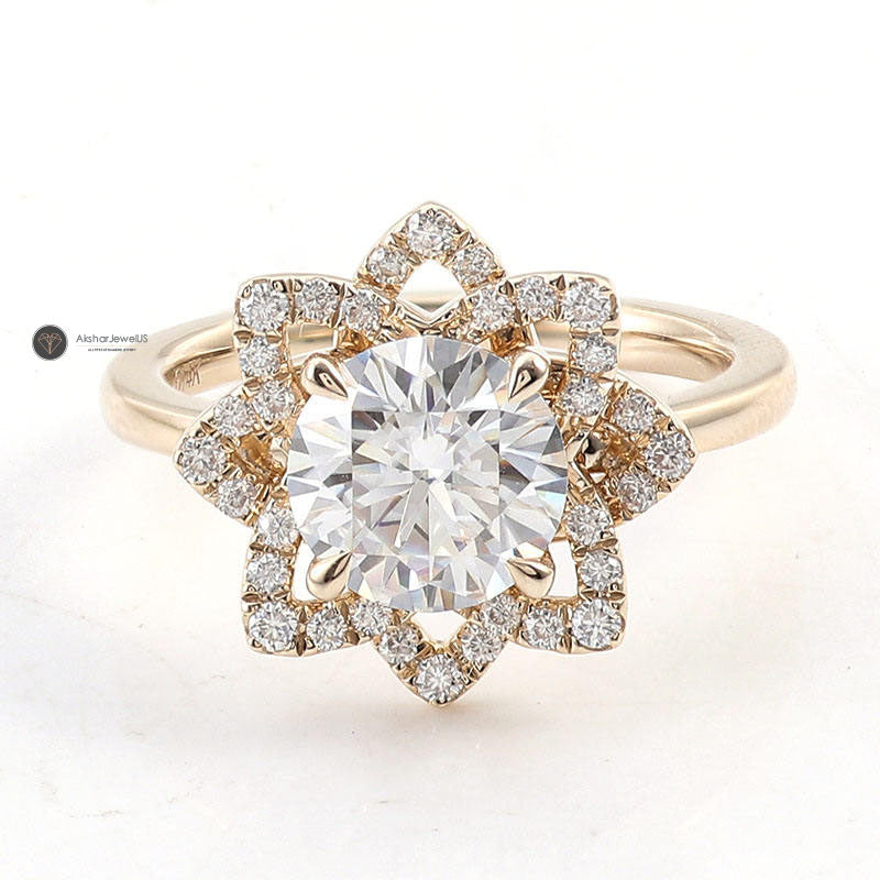 1.50CT Round Halo Lab Grown Diamond Engagement Ring, Flower Shape Moissanite Ring