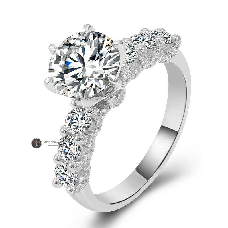 Round Moissanite Diamond Side Accent Engagement Ring