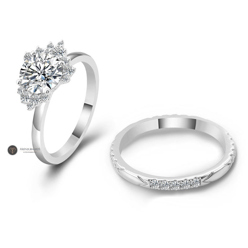 2.00CT Round Cluster Lab Grown Diamond & Moissanite Ring Set