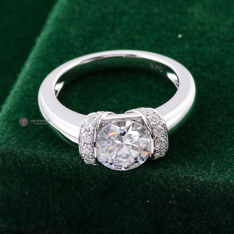 6.50mm Round Half Bezel Set Lab Grown Diamond Unique Halo Moissanite Ring