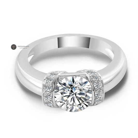 6.50mm Round Half Bezel Set Lab Grown Diamond Unique Halo Moissanite Ring, view 2