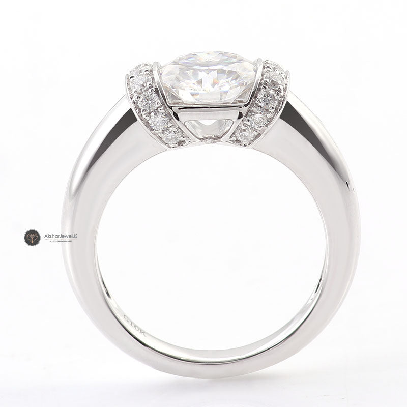 6.50mm Round Half Bezel Set Lab Grown Diamond Unique Halo Moissanite Ring