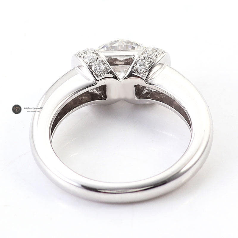 6.50mm Round Half Bezel Set Lab Grown Diamond Unique Halo Moissanite Ring