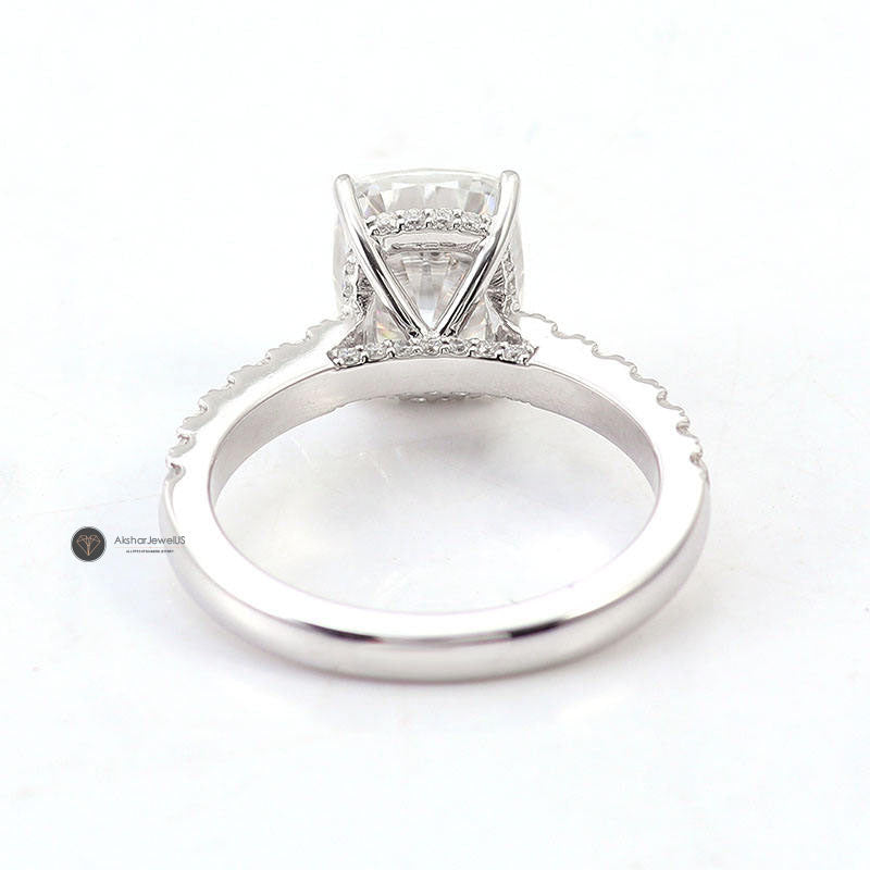 Elongated Cushion Cut Lab Grown Diamond Hidden Halo Pave Set Moissanite Ring