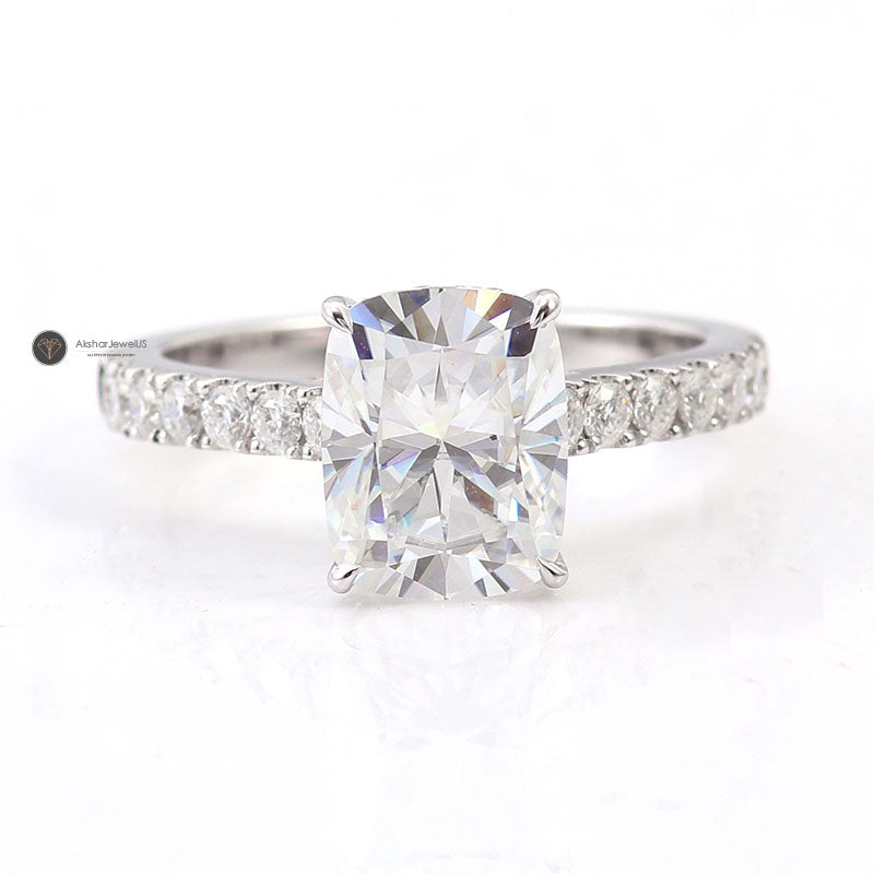 Elongated Cushion Cut Lab Grown Diamond Hidden Halo Pave Set Moissanite Ring