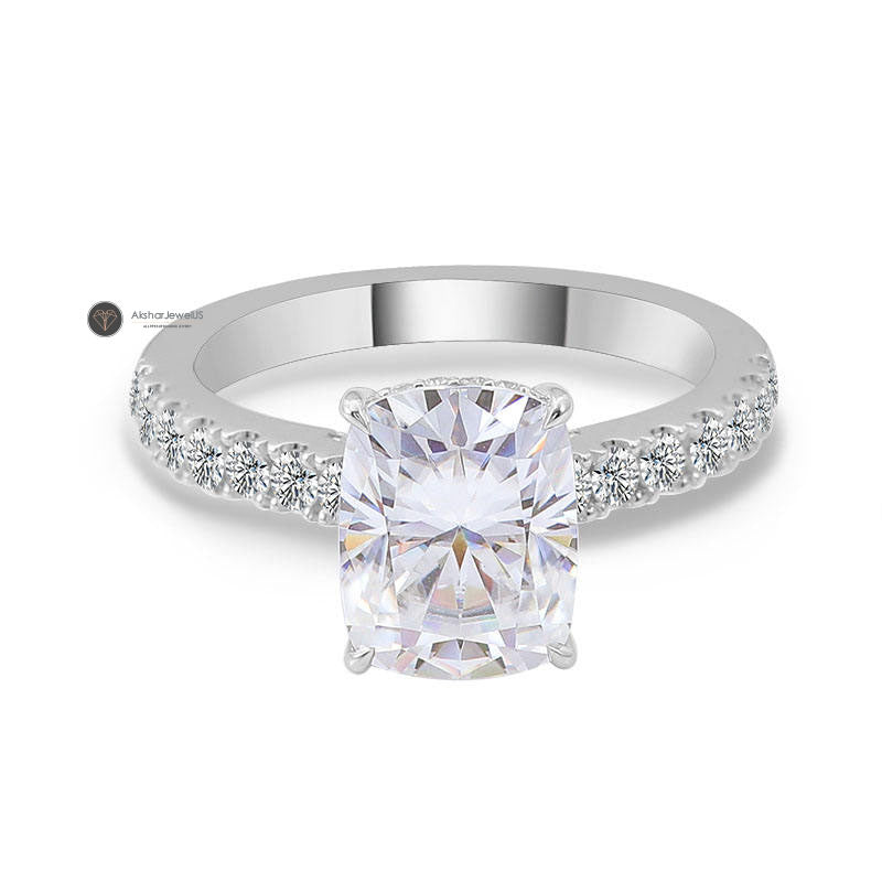 Elongated Cushion Cut Lab Grown Diamond Hidden Halo Pave Set Moissanite Ring