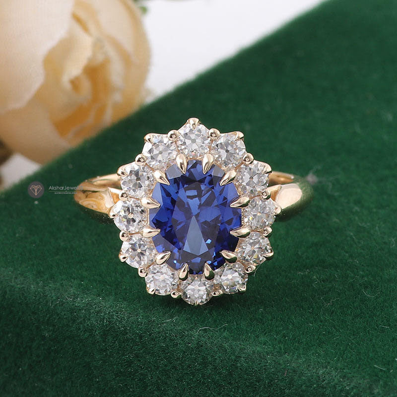 Blue Oval Moissanite Engagement Ring, Round Cluster Halo Flower Ring