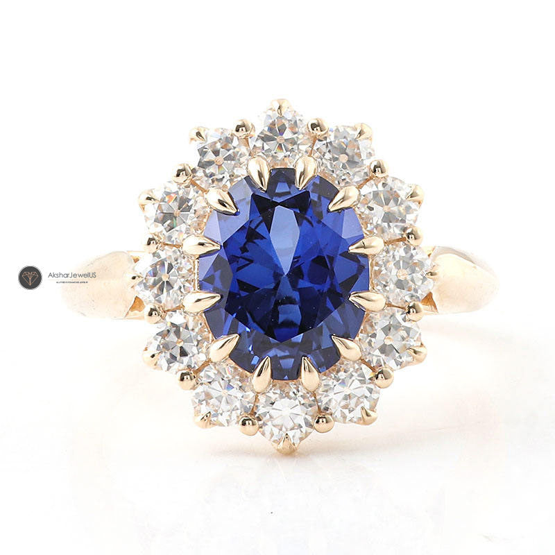 Blue Oval Moissanite Engagement Ring, Round Cluster Halo Flower Ring