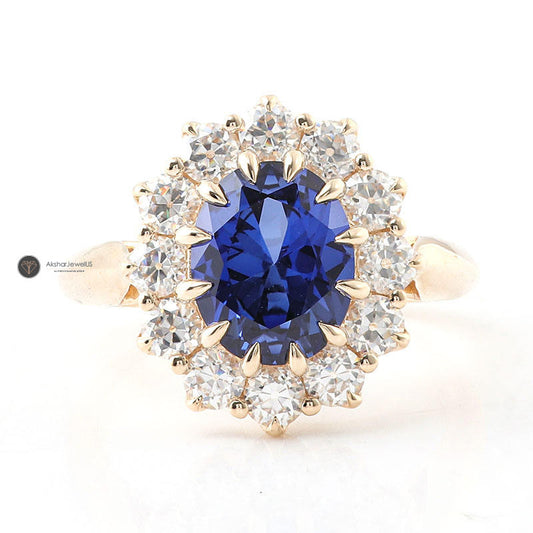 Blue Oval Moissanite Engagement Ring, Round Cluster Halo Flower Ring, view 1
