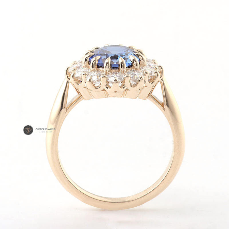 Blue Oval Moissanite Engagement Ring, Round Cluster Halo Flower Ring