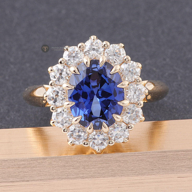 Blue Oval Moissanite Engagement Ring, Round Cluster Halo Flower Ring