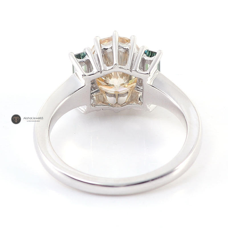 Champagne Oval & Light Green Emerald Three Stone Moissanite Ring