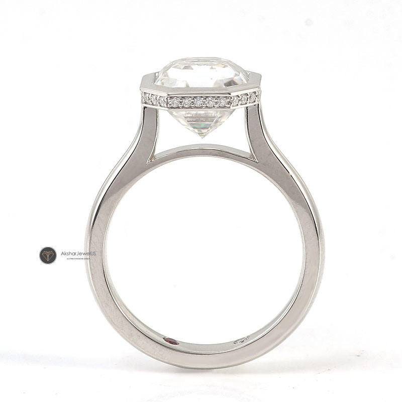 Asscher Cut Bezel Set Lab Grown Diamond Engagement Ring, Hidden Halo Moissanite Ring