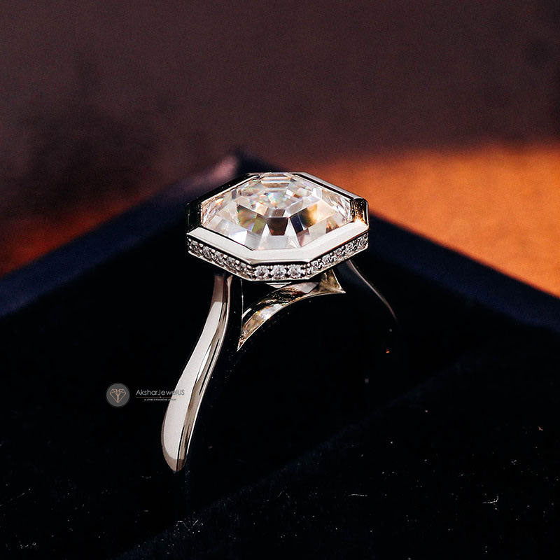 Asscher Cut Bezel Set Lab Grown Diamond Engagement Ring, Hidden Halo Moissanite Ring