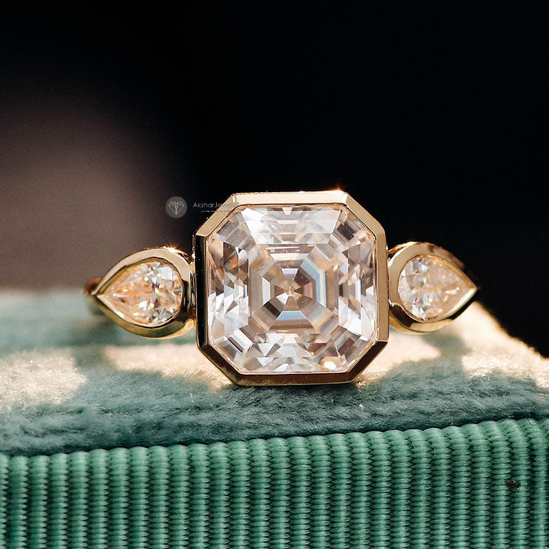 Asscher Cut Bezel Set Lab Grown Diamond Ring, Three Stone Moissanite Ring