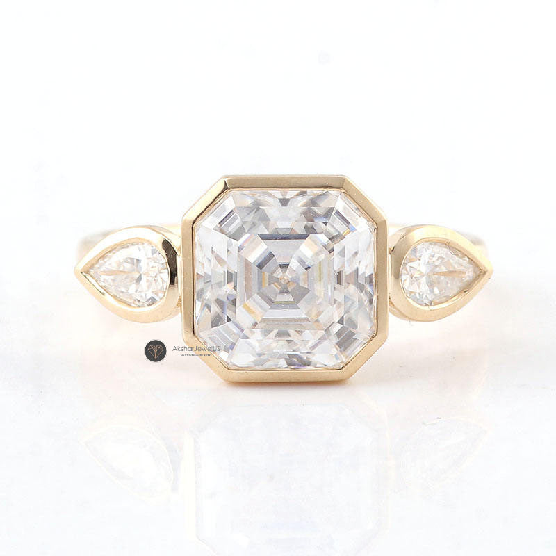 Asscher Cut Bezel Set Lab Grown Diamond Ring, Three Stone Moissanite Ring