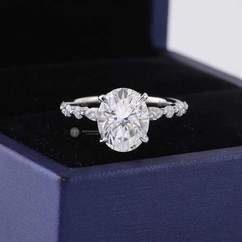 Oval Cut Hidden Halo Lab Grown Diamond Engagement Ring, Oval and Pear Moissanite Ring