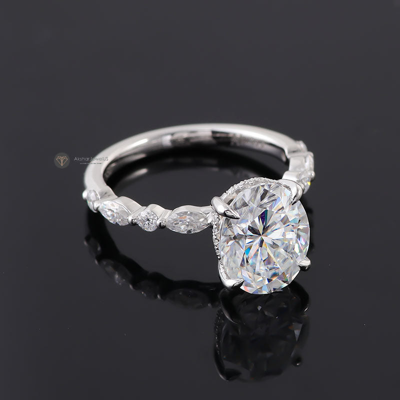 Oval Cut Hidden Halo Lab Grown Diamond Engagement Ring, Oval and Pear Moissanite Ring