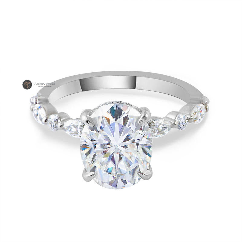 Oval Cut Hidden Halo Lab Grown Diamond Engagement Ring, Oval and Pear Moissanite Ring