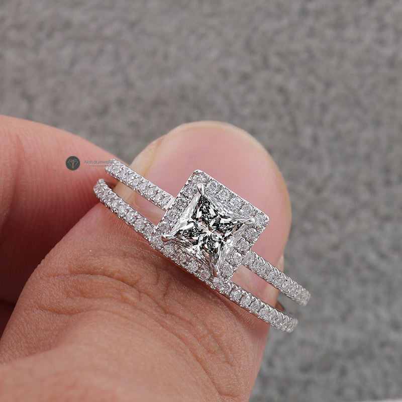 Princess Halo Moissanite Engagement Ring set