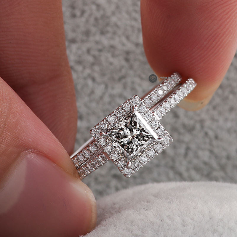 Princess Halo Moissanite Engagement Ring set