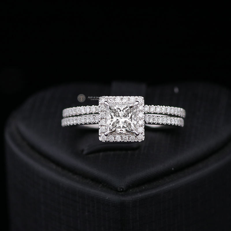 Princess Halo Moissanite Engagement Ring set